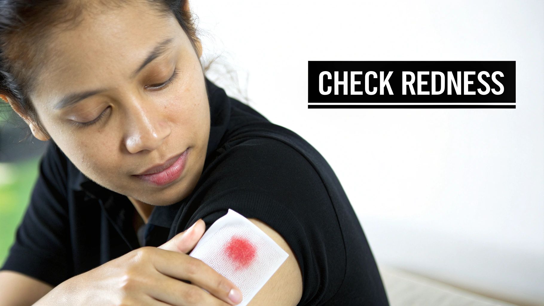 A woman carefully inspects a red mark on her arm with a white pad, 'CHECK REDNESS' displayed.