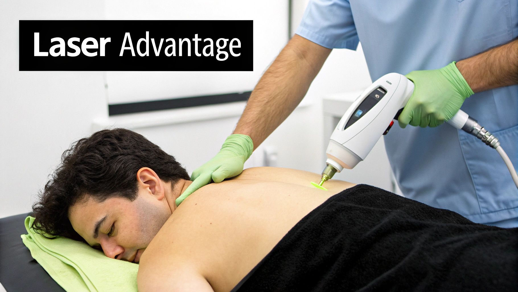 A man lies face down, receiving laser hair removal or therapy on his back.