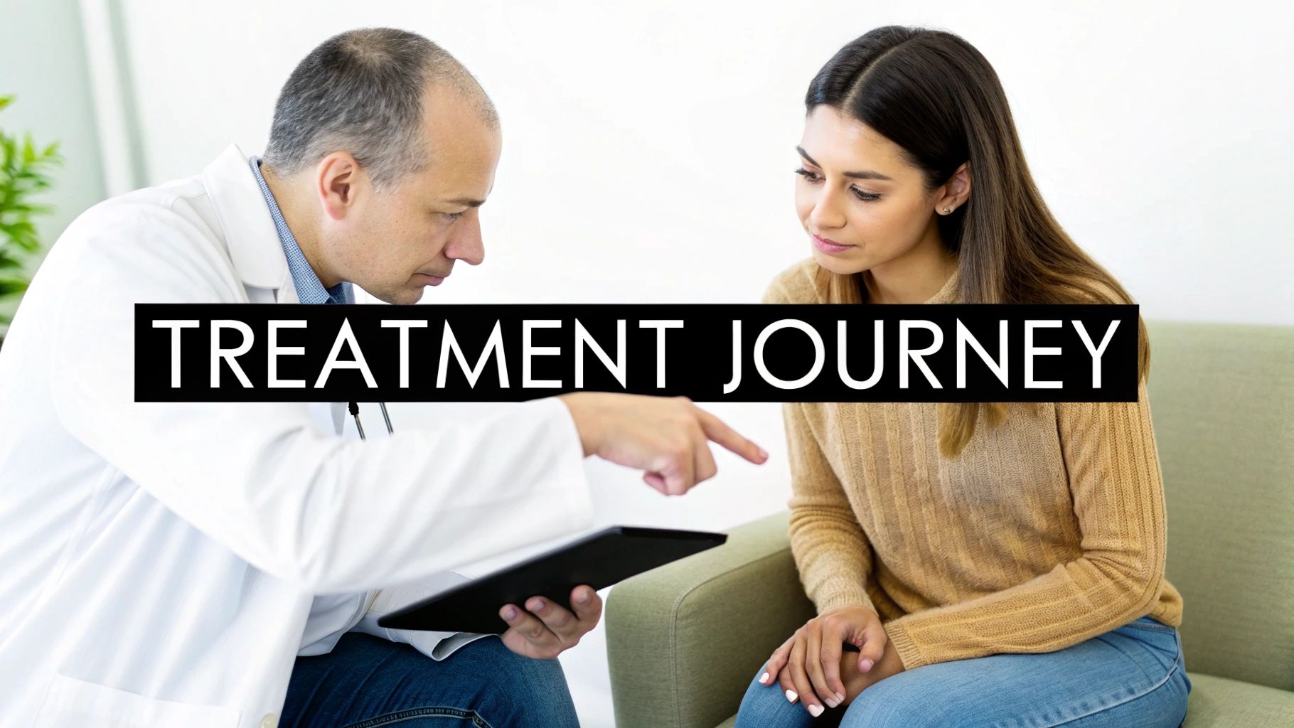 A doctor points at a tablet explaining something to a female patient, with 'TREATMENT JOURNEY' overlay.