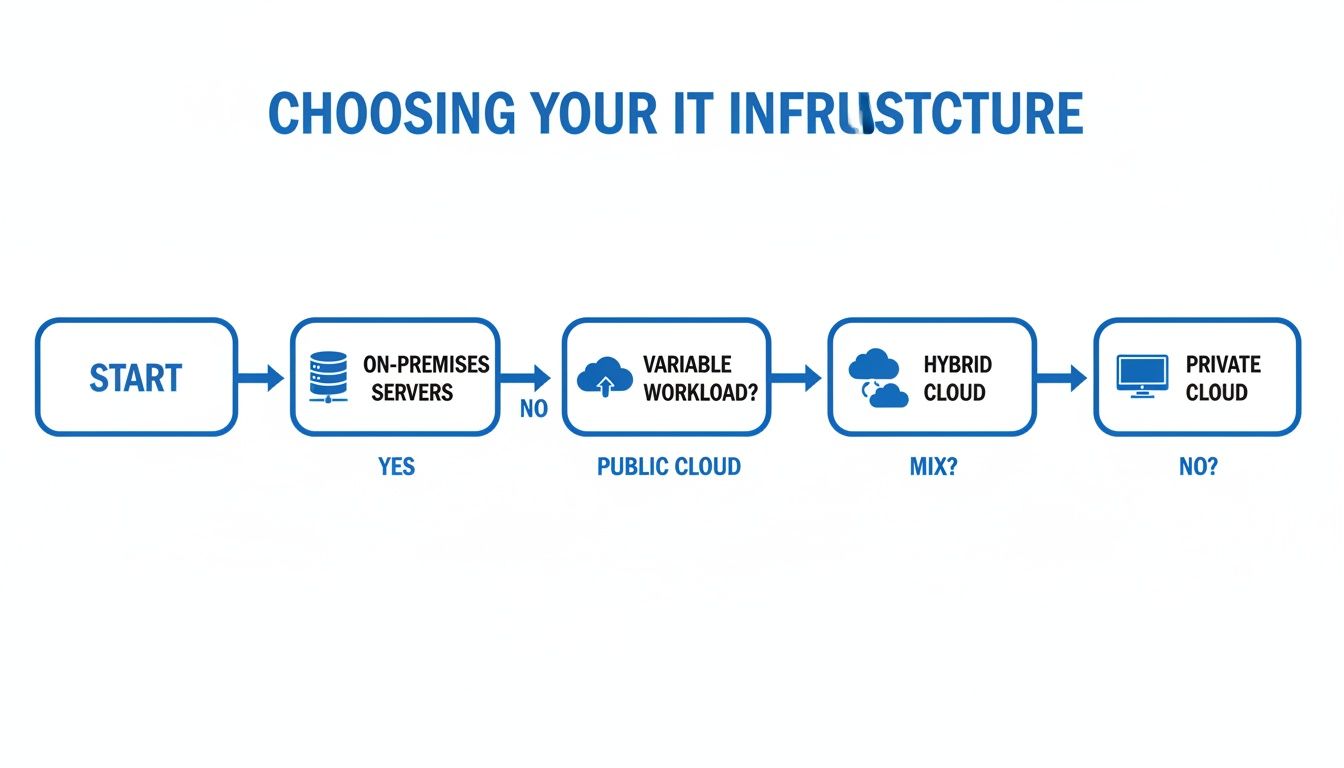 Flowchart illustrating the decision-making process for choosing IT infrastructure, including on-premises, public, hybrid, and private cloud.
