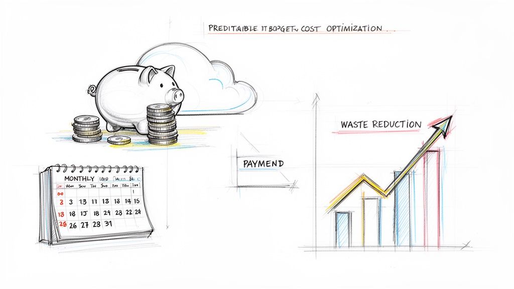 Illustration showing predictable IT budget, cost optimization, and waste reduction with financial symbols.