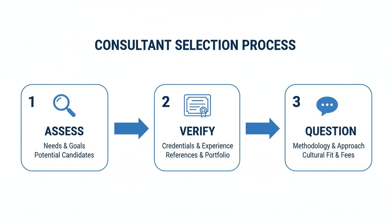 An infographic showing a 3-step consultant selection process: Assess, Verify, Question.