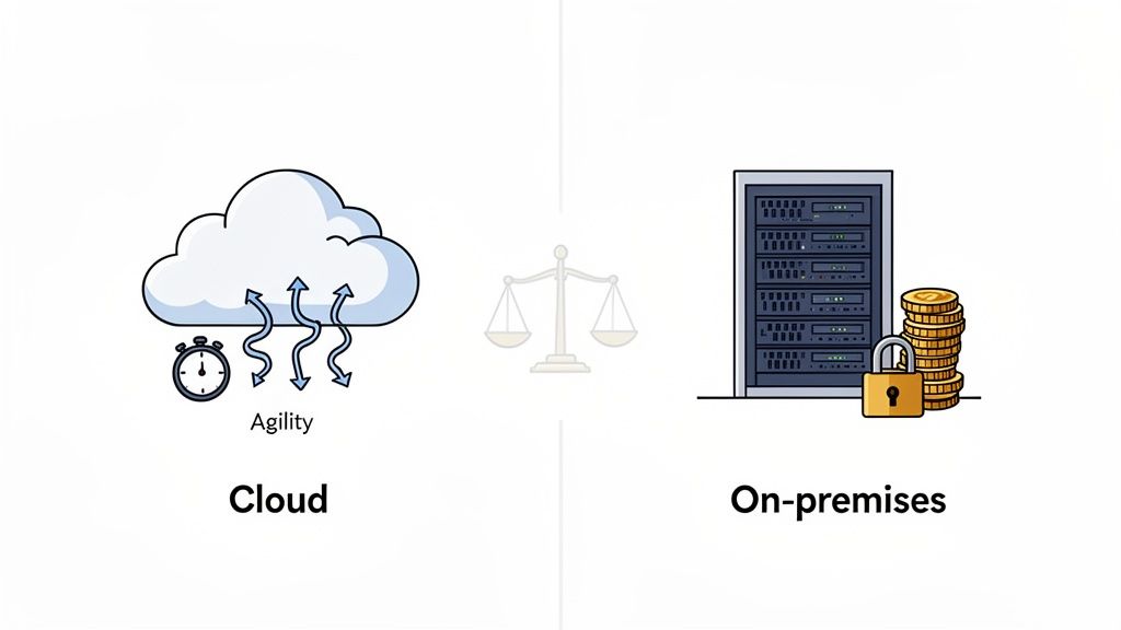 Illustration comparing cloud computing's agility and speed against on-premises servers, cost, and security.