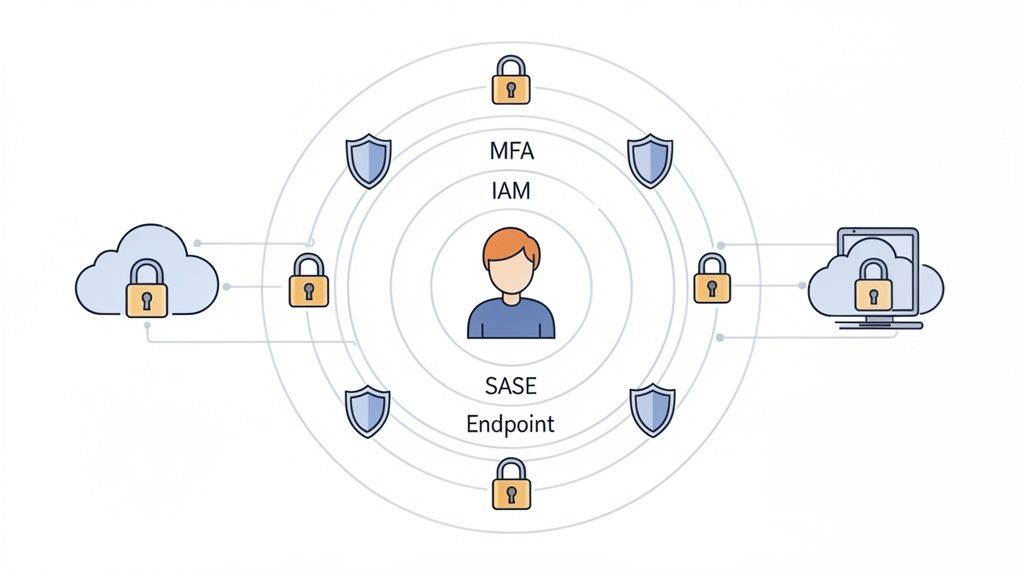 A cybersecurity diagram showing a user secured by MFA, IAM, SASE, and Endpoint layers, connecting to cloud resources.