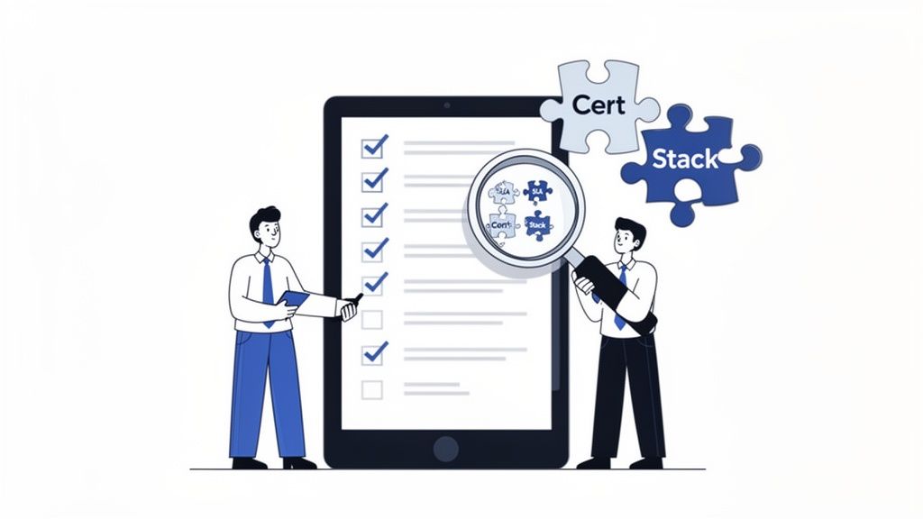 Two men reviewing a digital checklist on a tablet, examining 'Cert' and 'Stack' puzzle pieces.