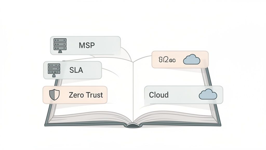 An open book illustrating key IT concepts such as MSP, SLA, Zero Trust, R2GO, and Cloud.