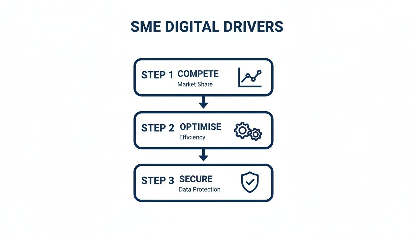 Flowchart detailing SME digital drivers: compete for market share, optimise efficiency, and secure data protection.