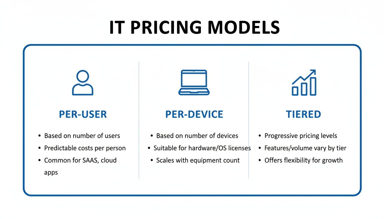 Infographic illustrating three IT pricing models: per-user, per-device, and tiered with key features.