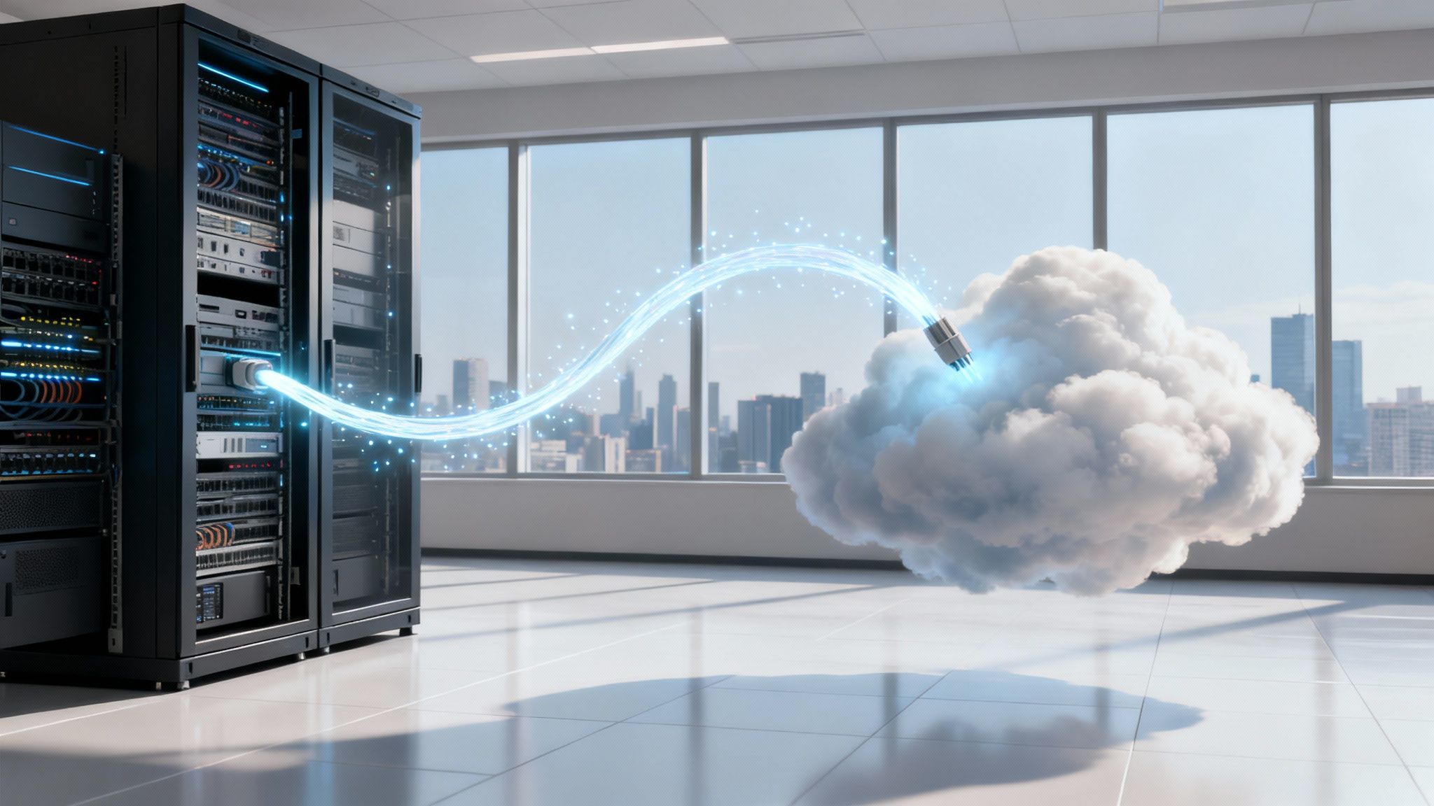 A data center rack connects with a glowing blue cable to a cloud icon, symbolizing cloud migration.