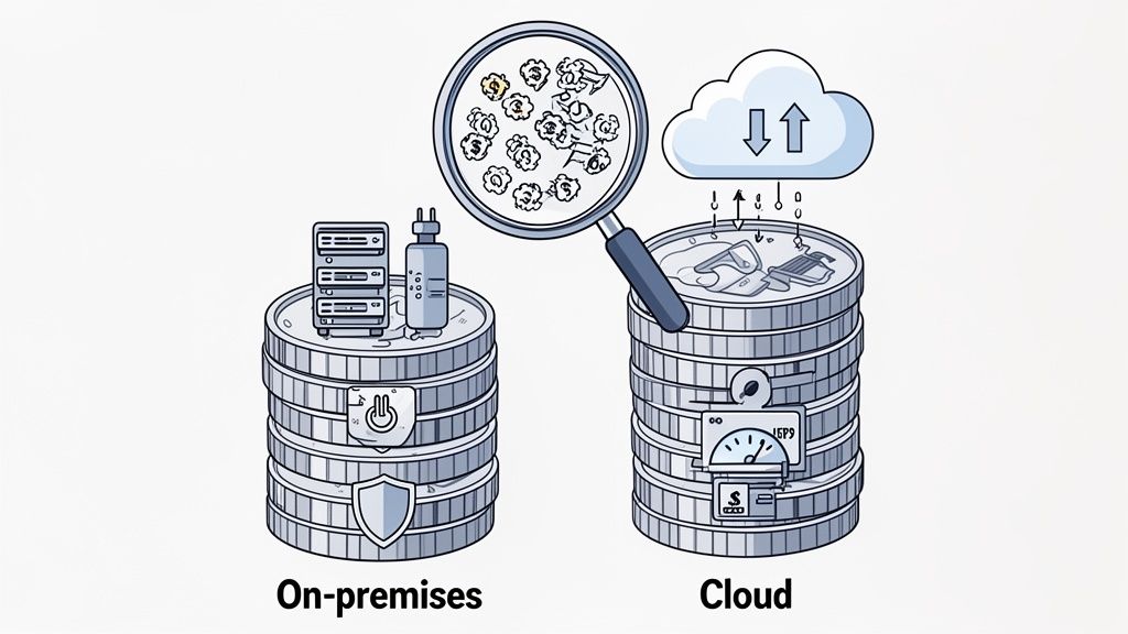 Illustration comparing on-premises server infrastructure with cloud computing, highlighting costs, control, and data management.
