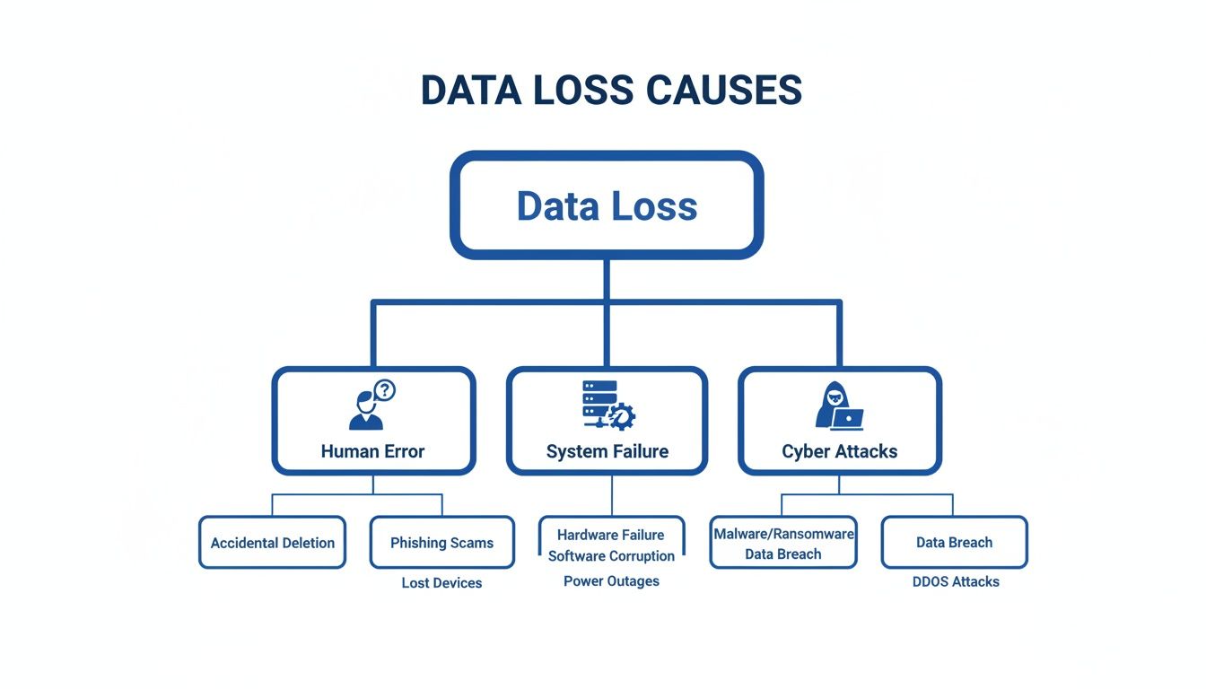 A flowchart illustrating the various causes of data loss, categorized into human error, system failure, and cyber attacks.