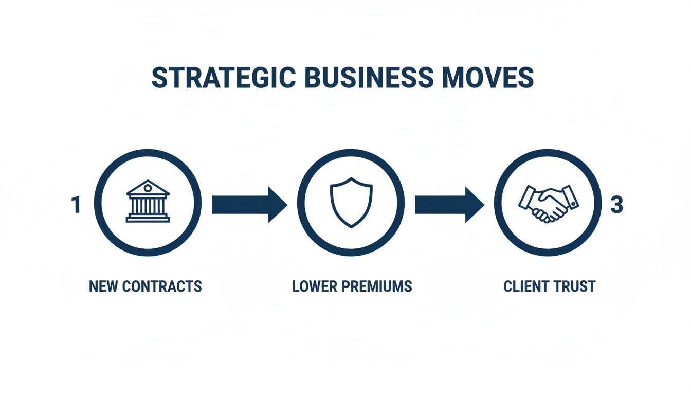 Diagram showing strategic business moves: new contracts, lower premiums, and client trust.