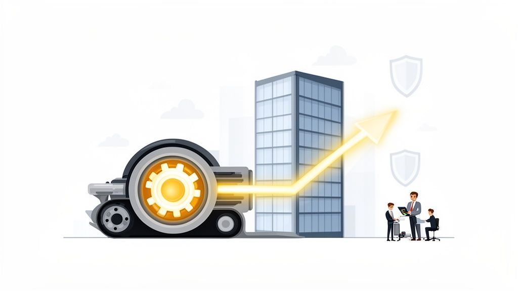 An illustration of technology driving business growth and security, with a machine, building, upward arrow, and business people.