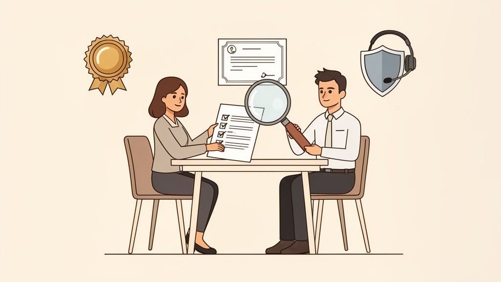 Two business professionals review a checklist with a magnifying glass, surrounded by symbols of quality, certification, and support.