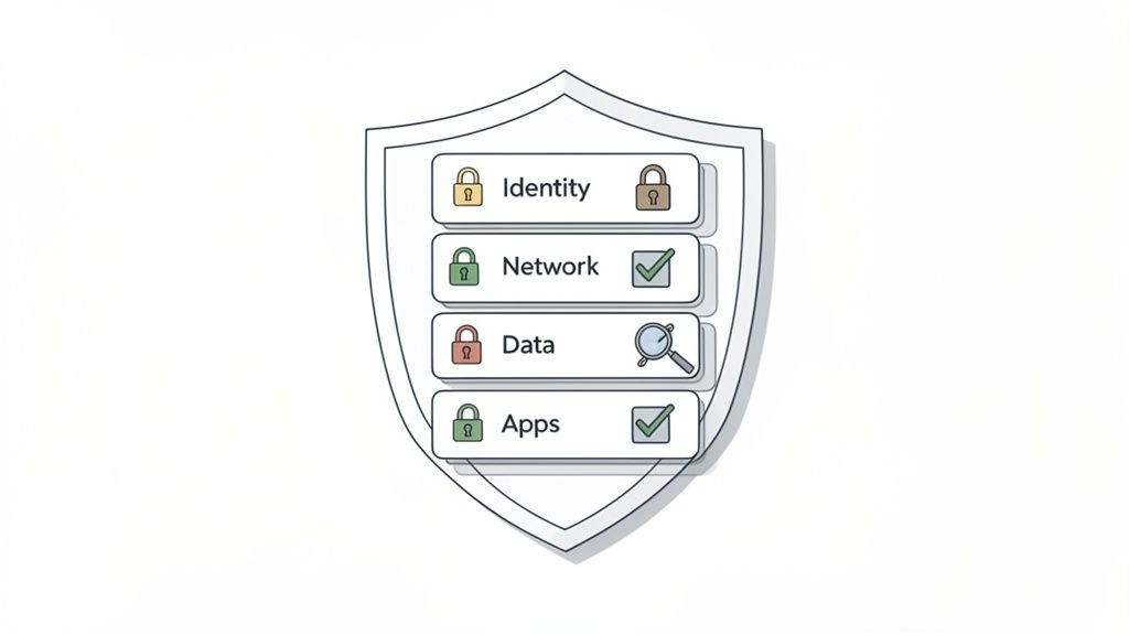 A shield diagram illustrating cybersecurity layers: Identity, Network, Data, and Apps, with locks and checks.