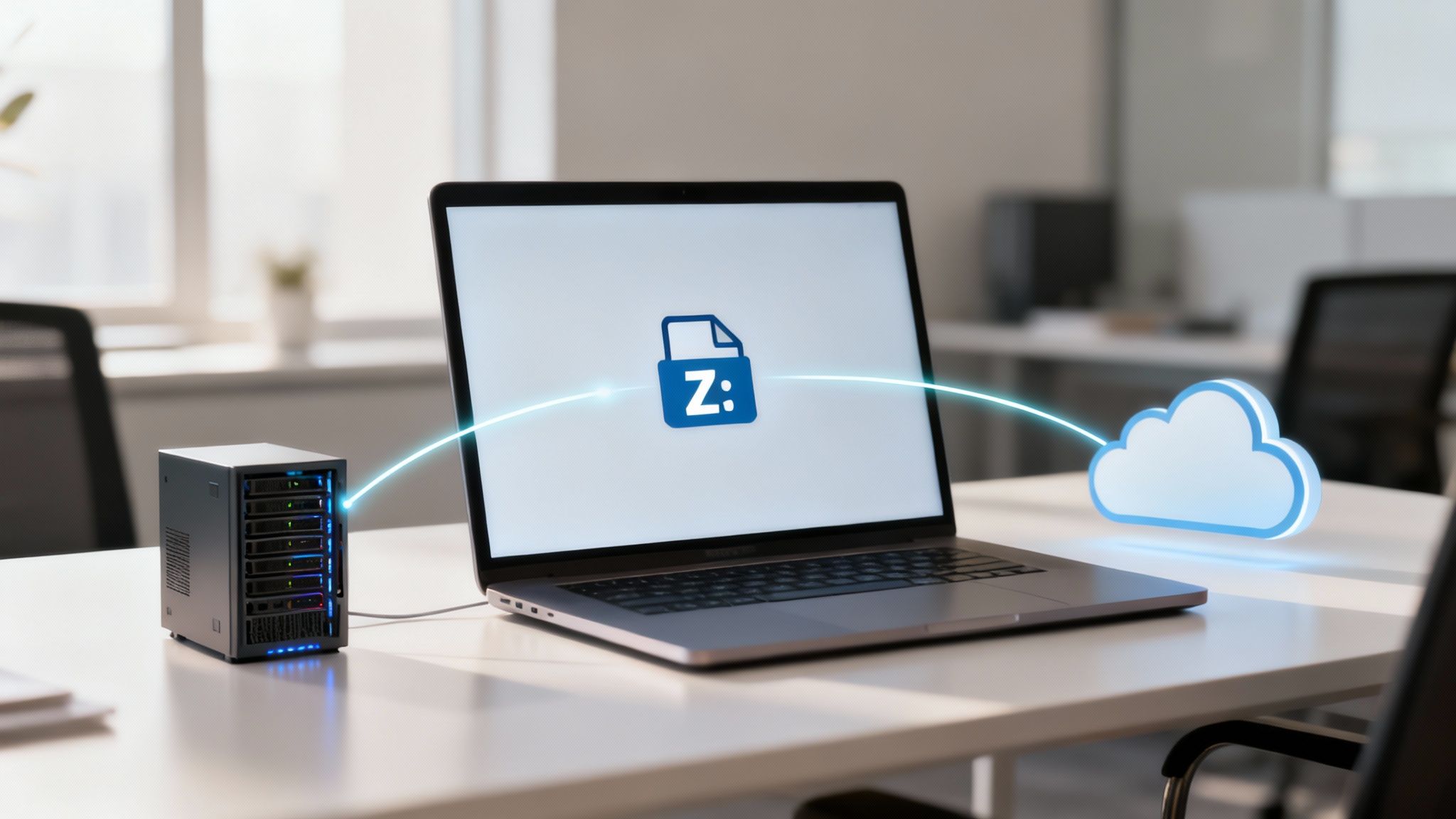 A laptop displaying a Z: drive icon, connected to a NAS device and a glowing cloud icon, symbolizing data storage and transfer.
