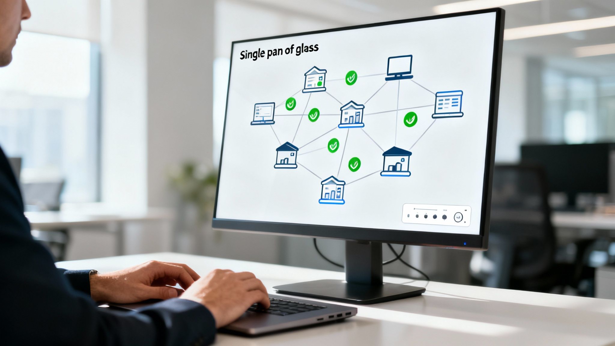 A person works on a laptop, viewing a monitor with a 'Single pan of glass' network diagram.