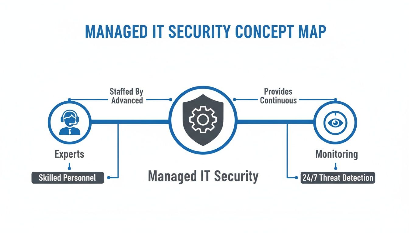Concept map illustrating managed IT security staffed by skilled personnel and providing 24/7 continuous threat monitoring.