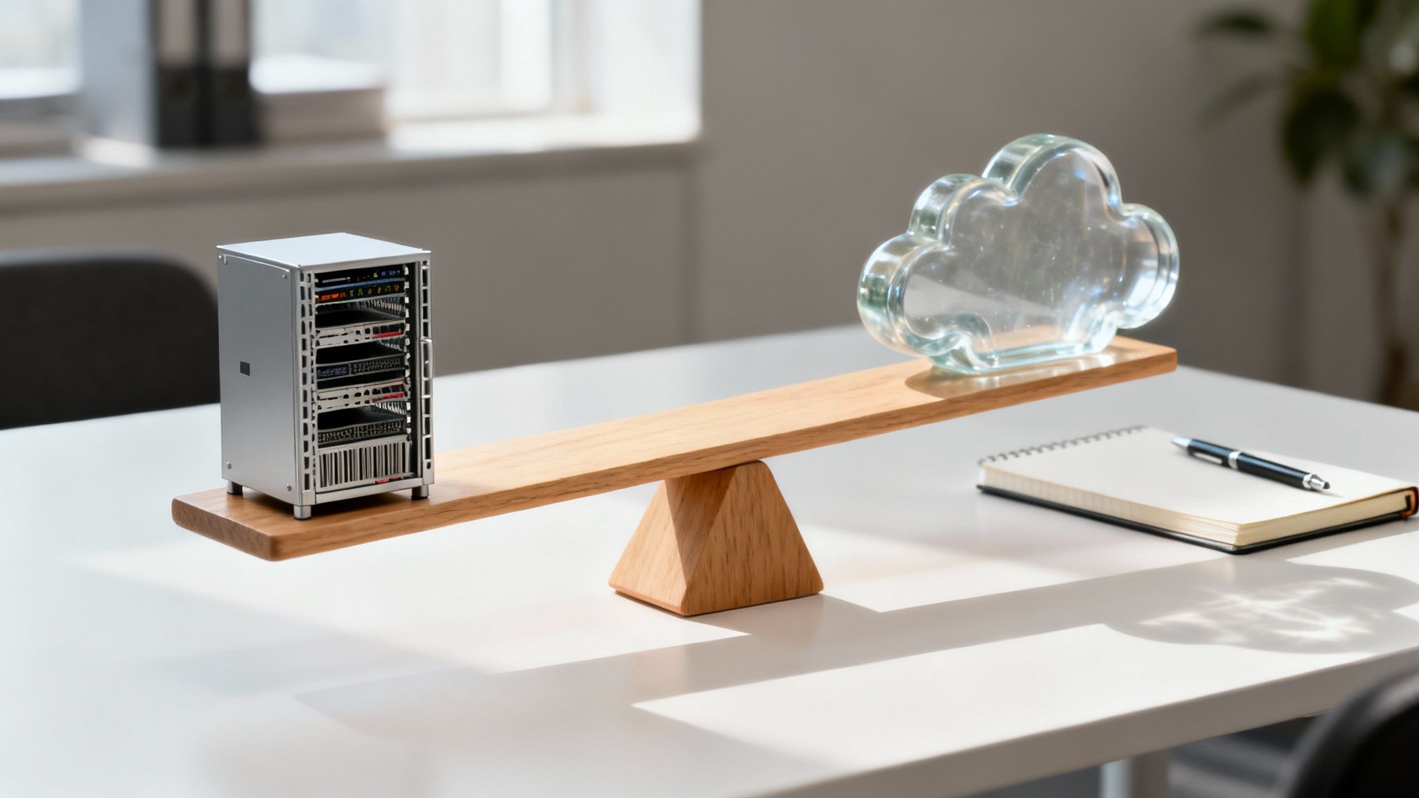 A perfectly balanced seesaw shows a server rack and a glass cloud, symbolizing on-premises vs cloud computing.