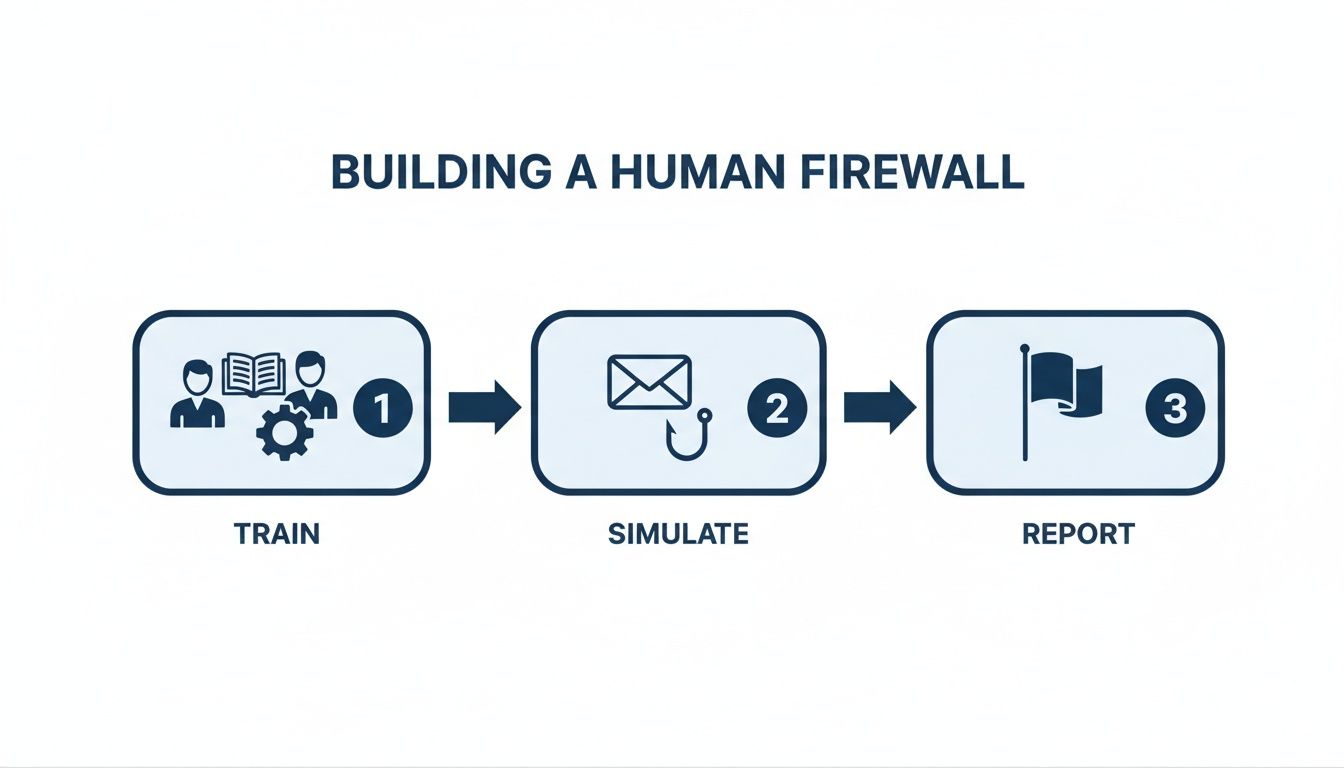 A diagram illustrates building a human firewall through training, phishing simulation, and incident reporting.