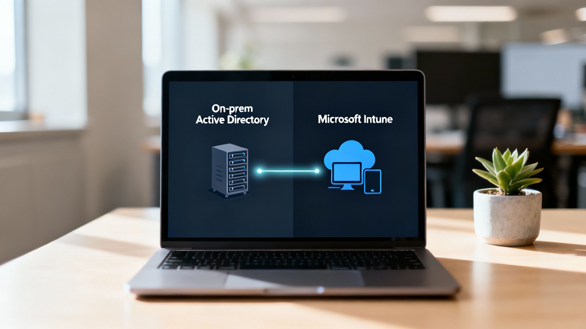 Diagram on laptop illustrating the connection and synchronization between On-prem Active Directory and Microsoft Intune.