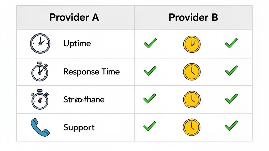 Table comparing uptime, response time, service metrics, and support for two IT providers.