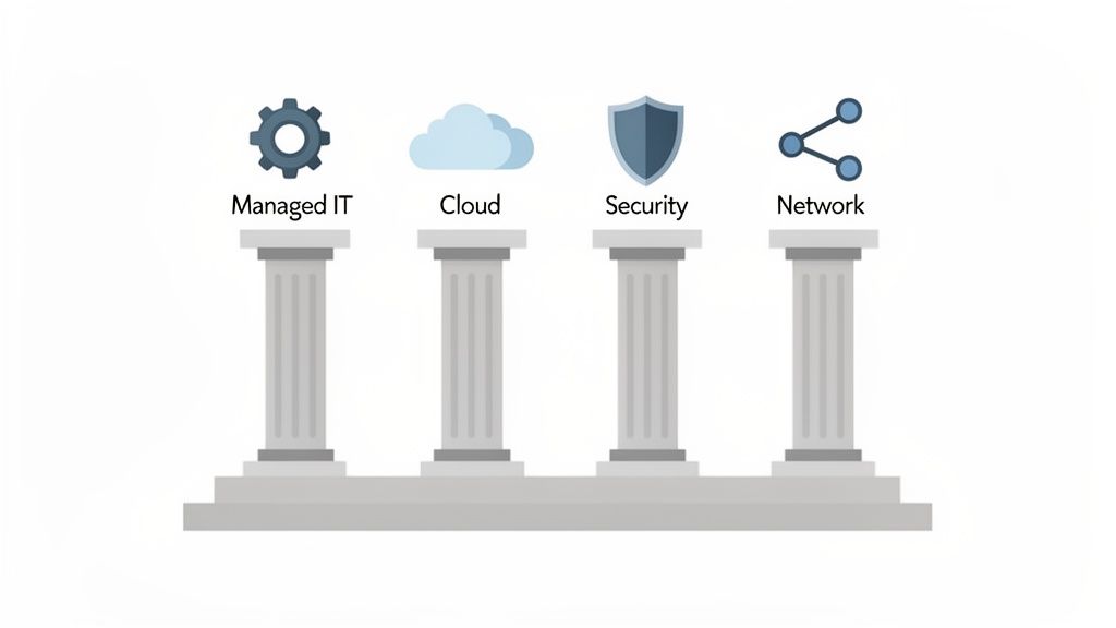 Four grey pillars representing Managed IT, Cloud, Security, and Network services.