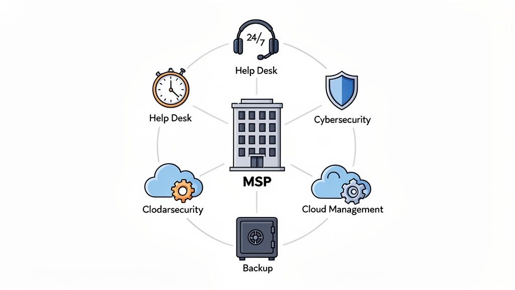 Diagram showing an MSP's comprehensive managed IT services, including help desk, cybersecurity, cloud security, and backup.