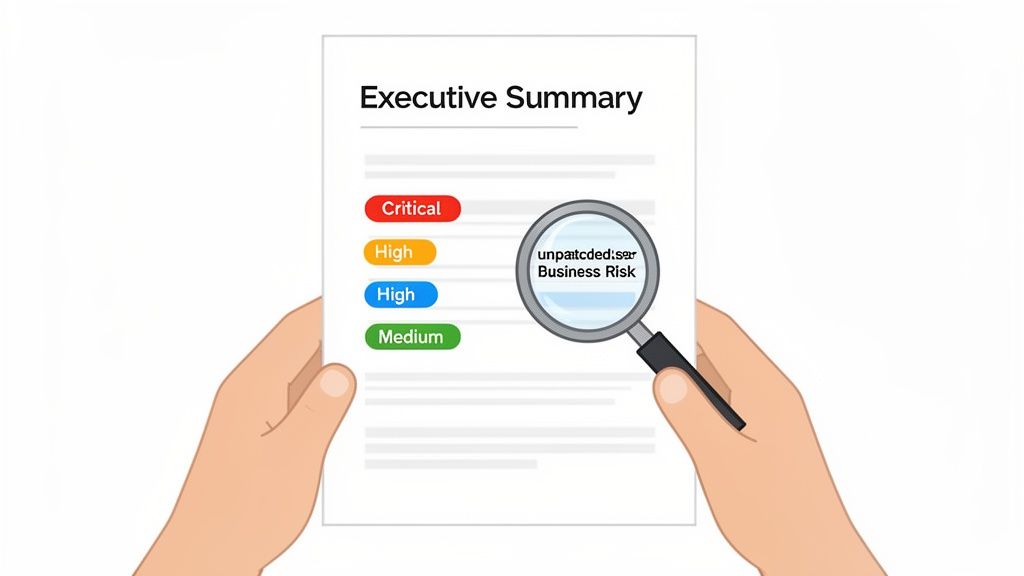 Hands hold an executive summary detailing critical, high, and medium business risks, magnified to show 'unpatched server Business Risk'.