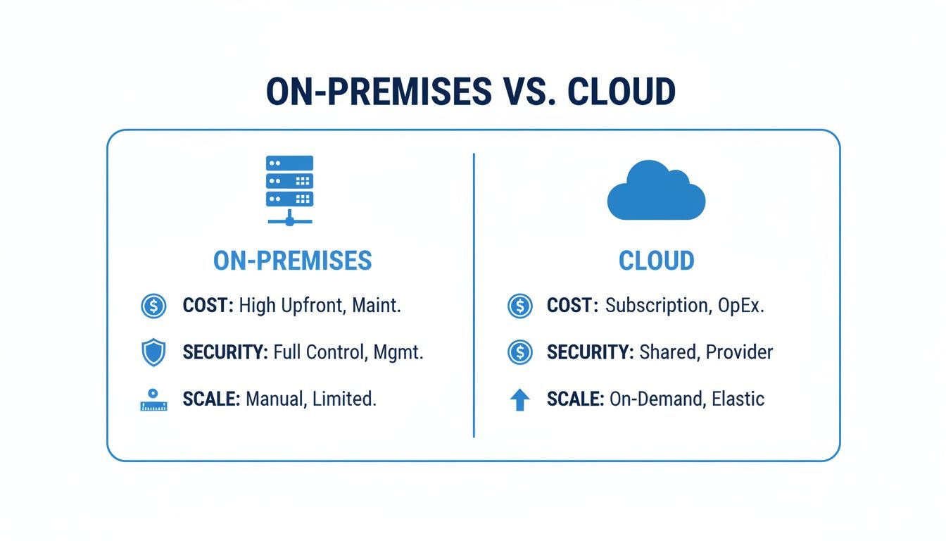 An infographic comparing on-premises and cloud computing across cost, security, and scalability factors.