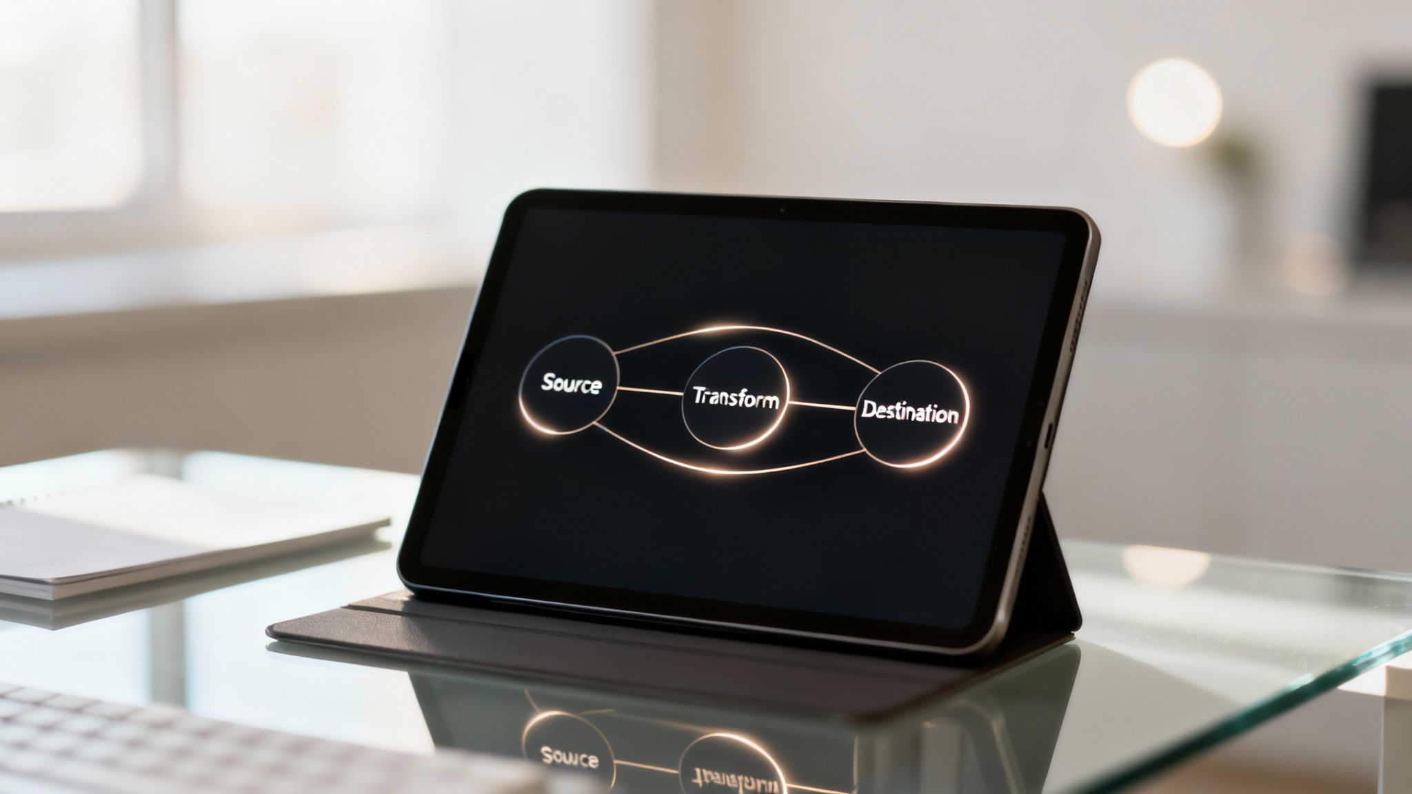 A tablet displays a data flow diagram showing Source, Transform, and Destination, on a glass desk.
