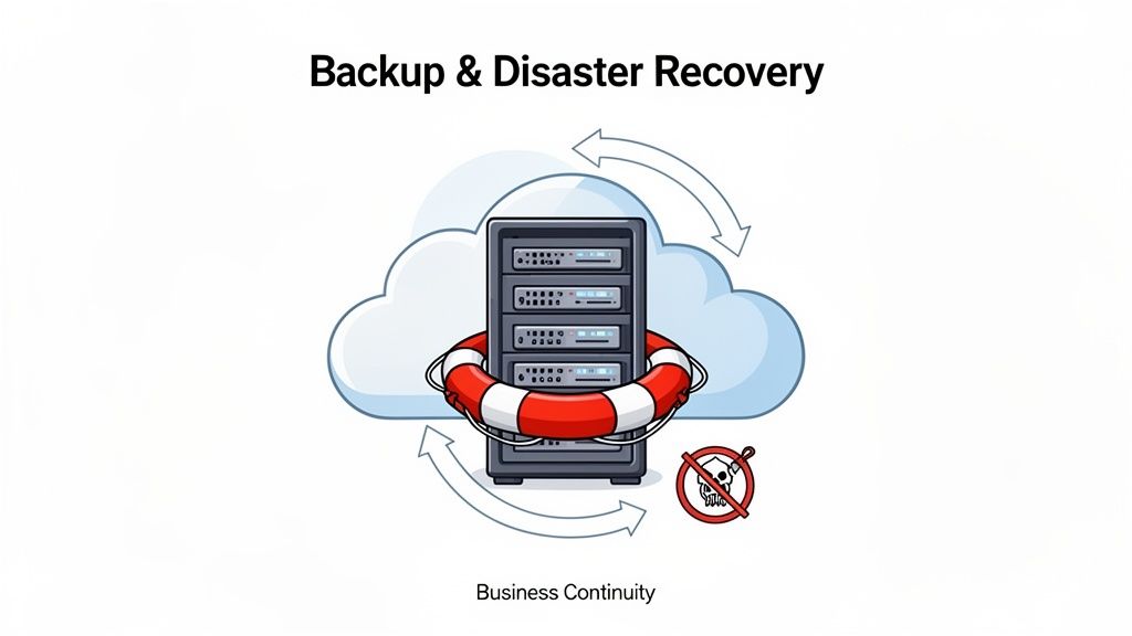 Illustration of cloud backup and disaster recovery for business continuity, featuring a server with a lifebuoy.