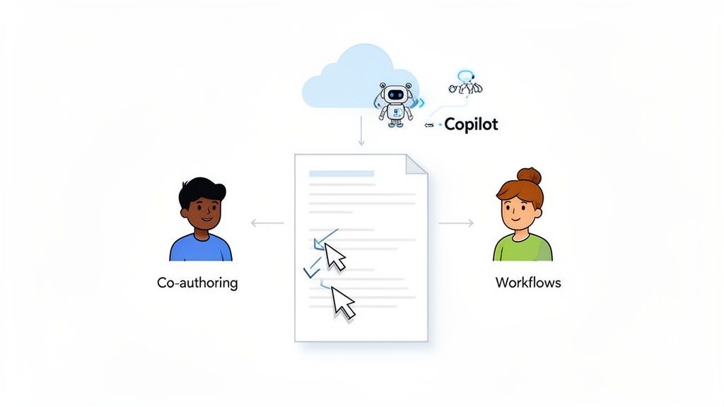Diagram illustrating co-authoring and workflows with Copilot AI assisting document collaboration.