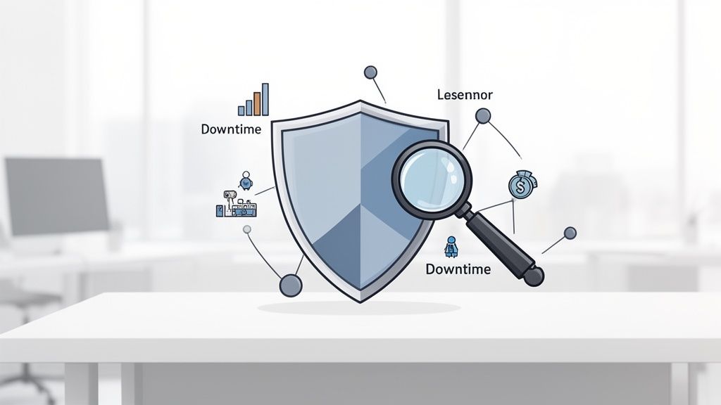 A shield with a magnifying glass analyzing data, system performance, and potential downtime risks.
