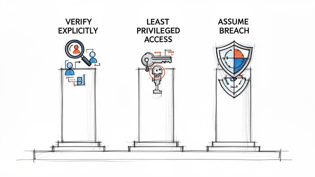 Three pillars illustrating Zero Trust security principles: Verify Explicitly, Least Privileged Access, and Assume Breach.