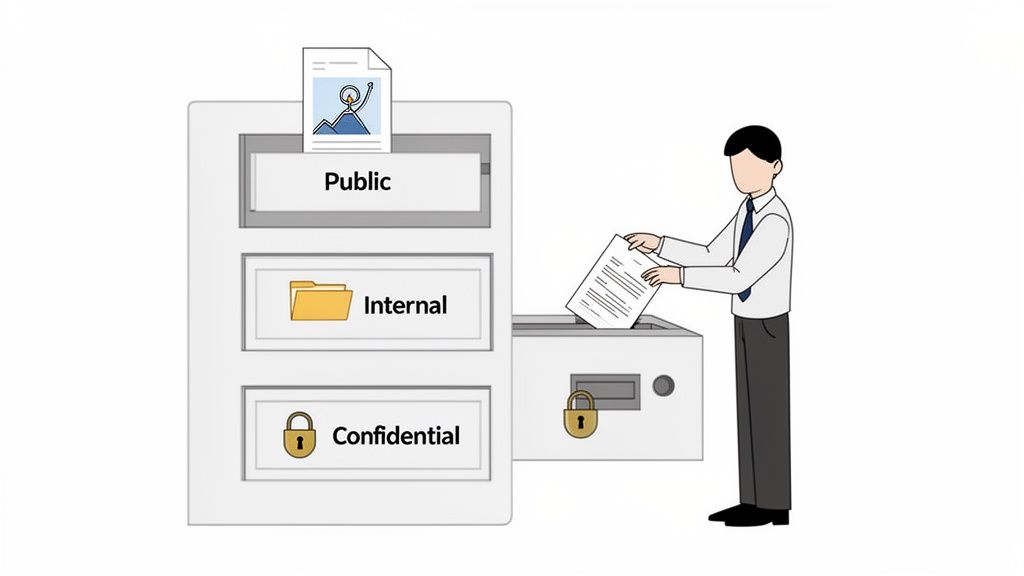 An illustration of data classification into public, internal, and confidential categories with a man securing a document.