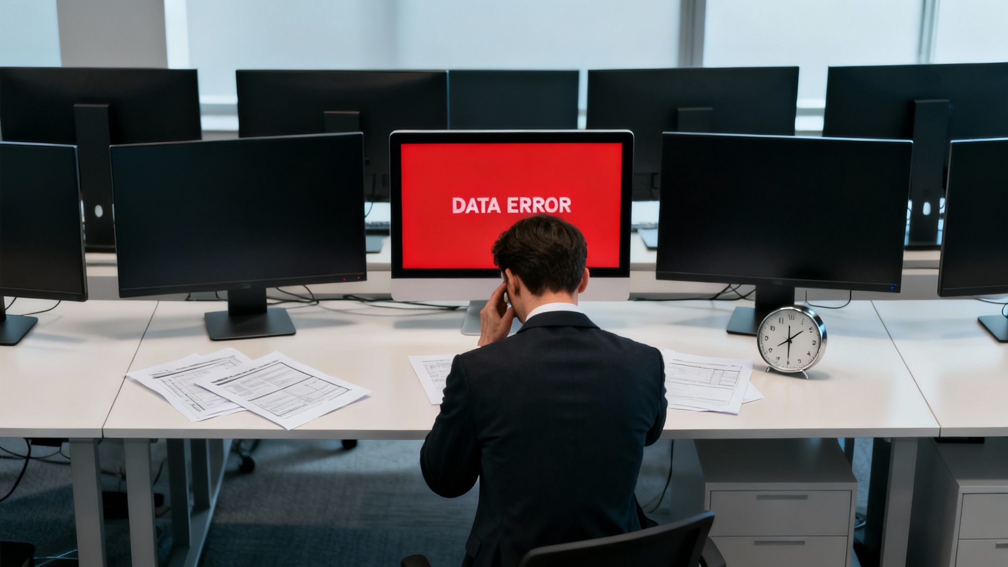 A man in a suit is stressed by a 'DATA ERROR' message on a red computer screen in an office.
