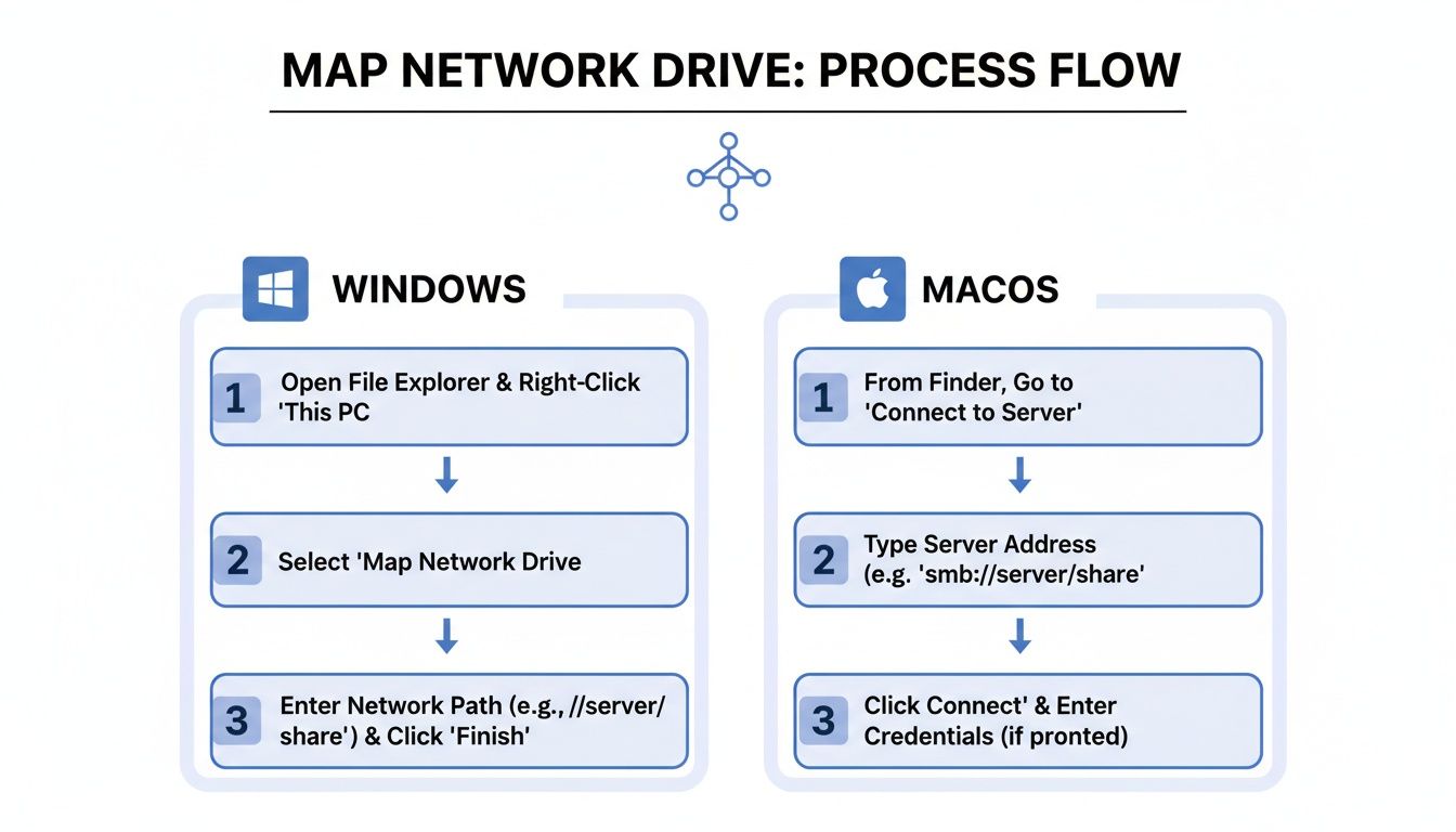 A process flow diagram showing steps to map a network drive on Windows and macOS.