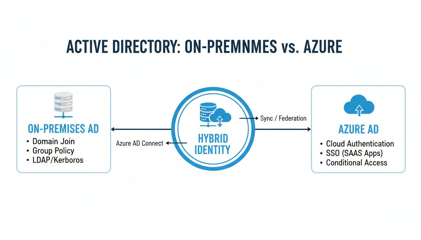 Diagram illustrating the comparison between On-Premises Active Directory and Azure Active Directory, connected by Hybrid Identity.