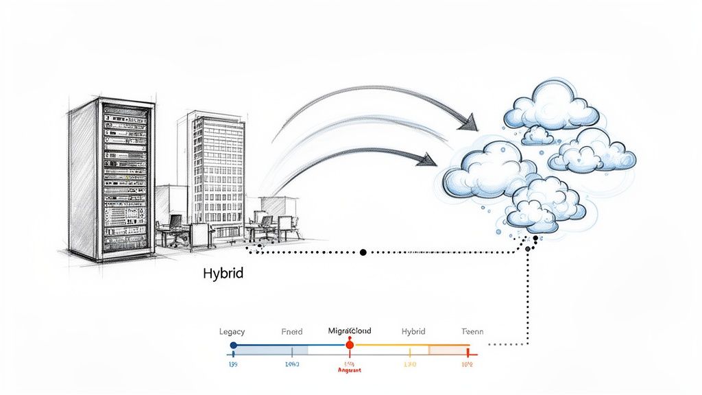 Hand-drawn diagram of hybrid IT infrastructure, showing migration from physical servers to the cloud.