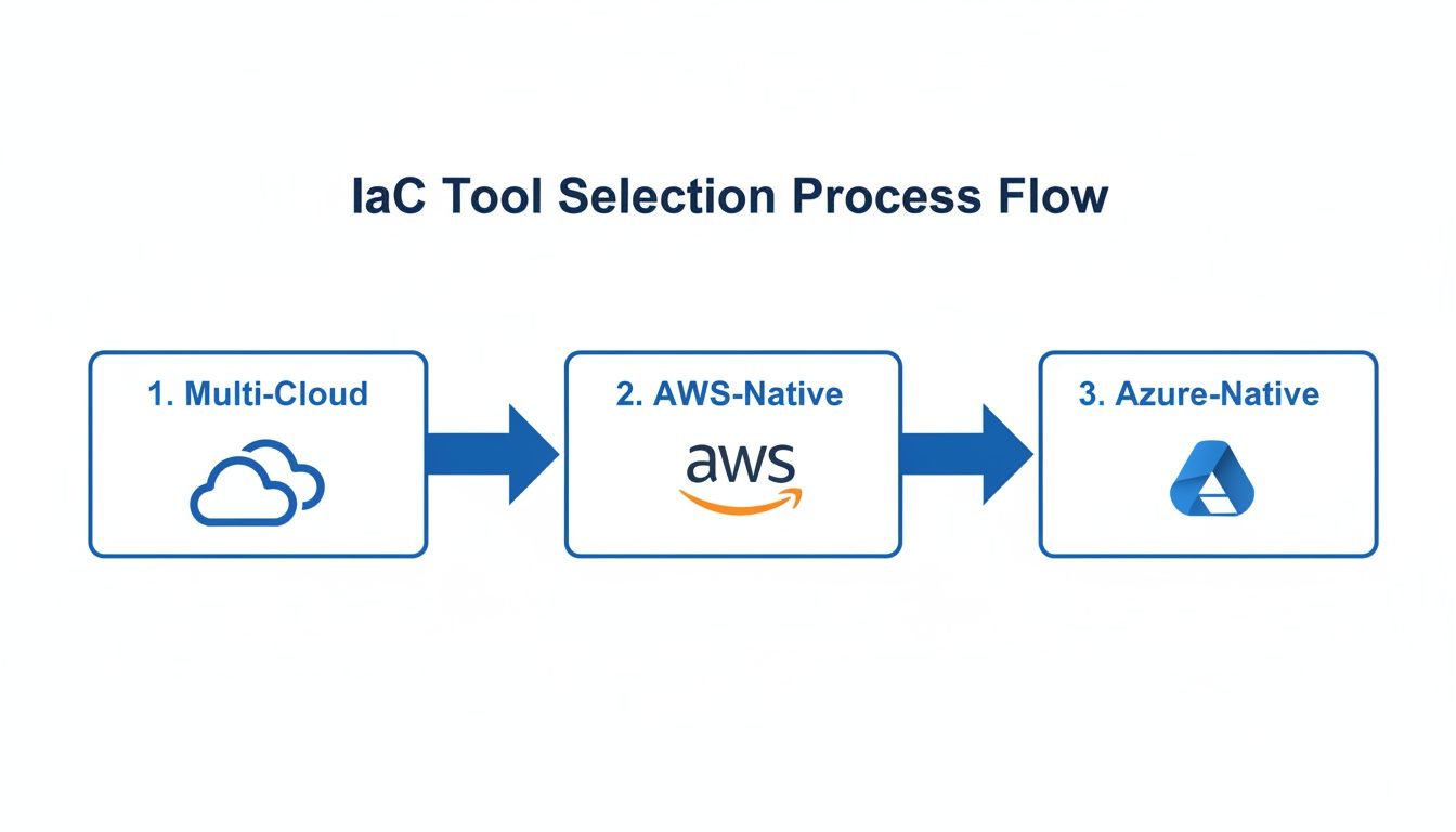 Flowchart illustrating the IaC tool selection process, moving from Multi-Cloud to AWS-Native then Azure-Native.