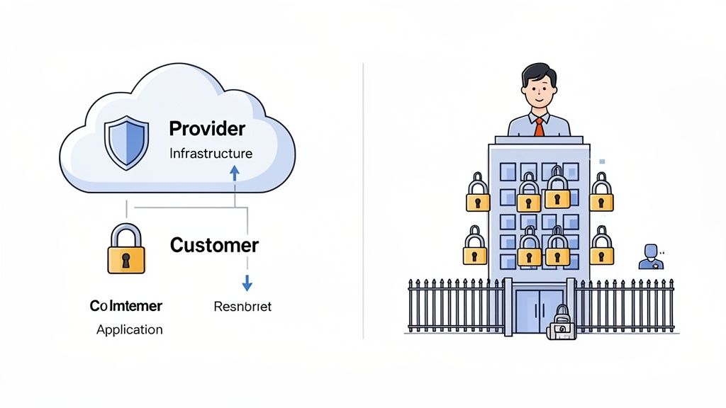 Diagram showing cloud shared responsibility model versus full on-premises security management.
