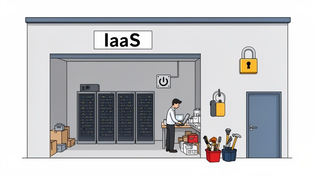 A technician works on a laptop in an IaaS data center, surrounded by server racks and equipment.