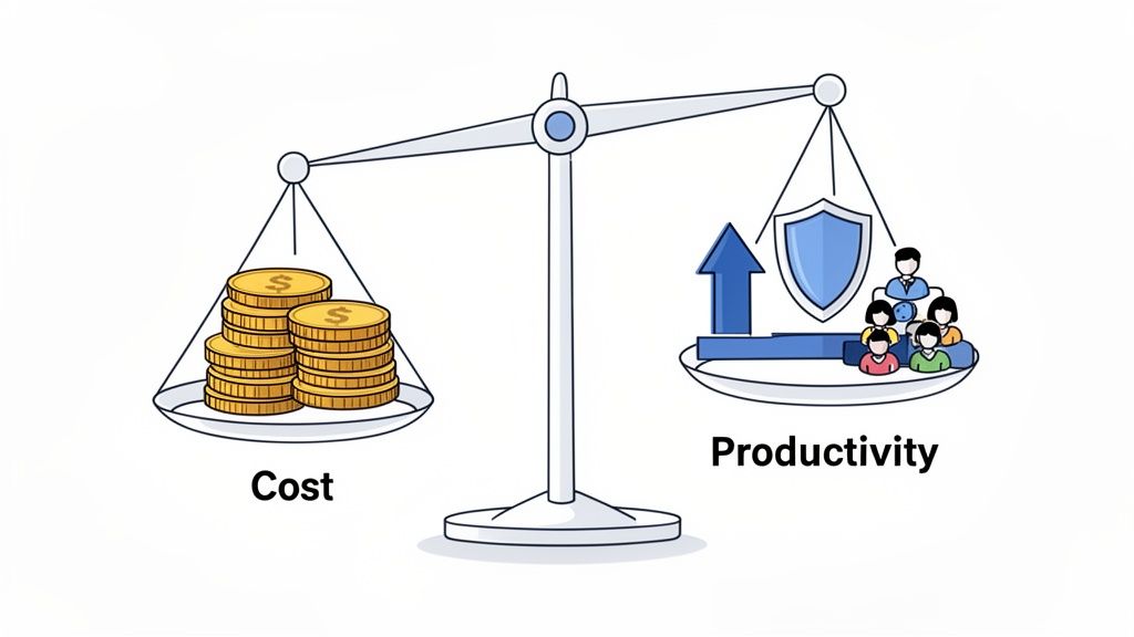 A balance scale showing 'Productivity' with an arrow, shield, and people outweighing 'Cost' represented by gold coins.