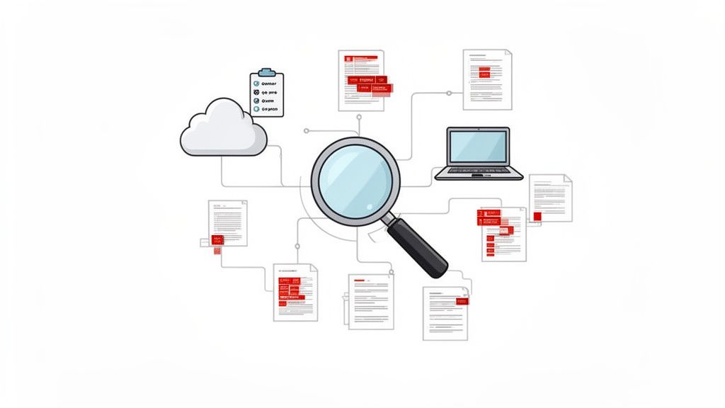 Magnifying glass scanning documents, cloud storage, and a laptop, illustrating data discovery.