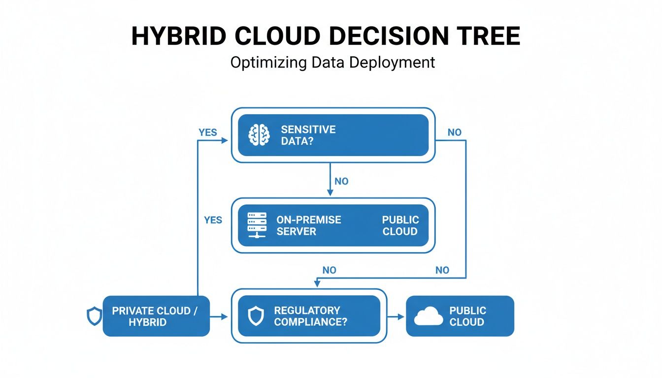A decision tree for hybrid cloud data deployment, considering sensitive data, on-premise servers, and regulatory compliance.