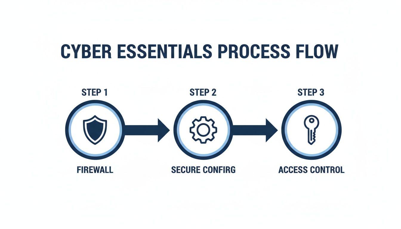 Diagram illustrating the Cyber Essentials process flow with three key steps: Firewall, Secure Config, and Access Control.