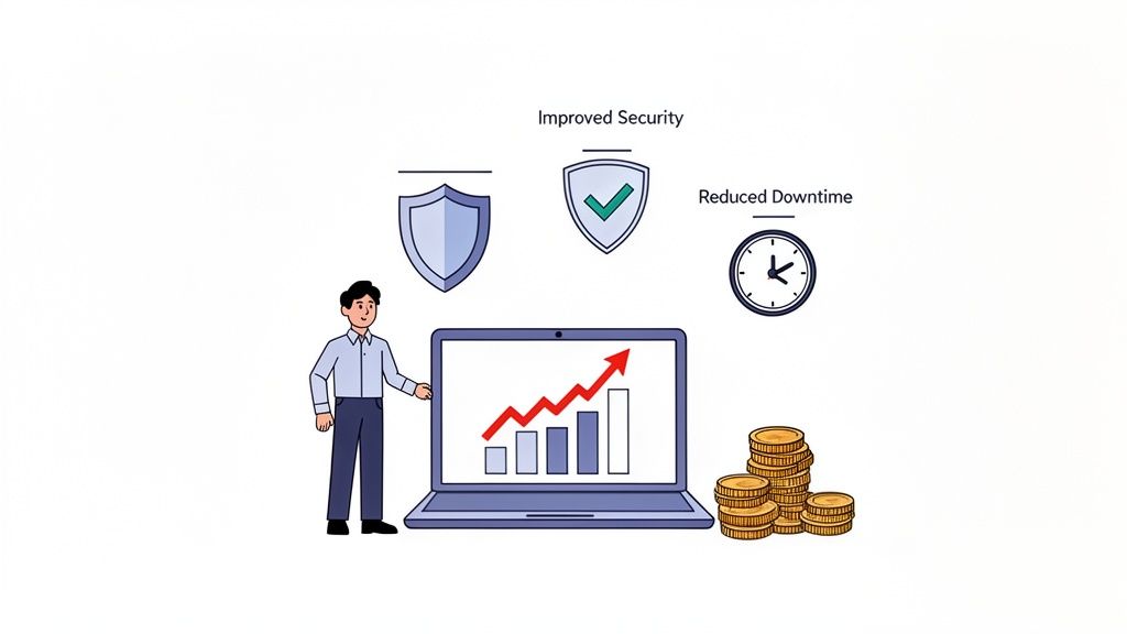 Illustration of business growth, improved security, reduced downtime, and increased profits.