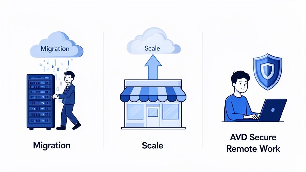 Illustrations of cloud migration from server racks, business scaling to the cloud, and secure remote work with Azure Virtual Desktop.