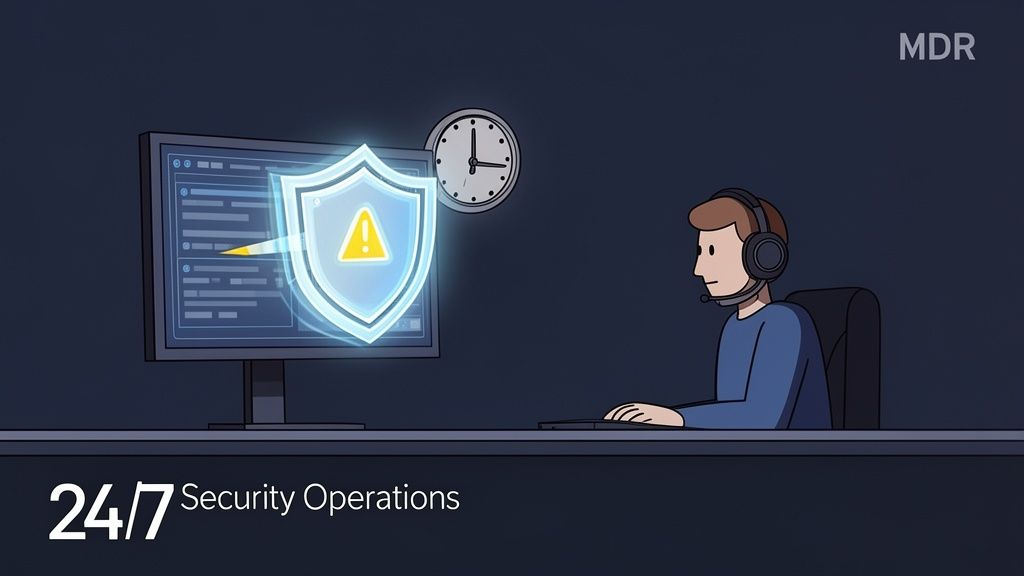 An IT security analyst monitors a computer screen with a glowing shield and alert symbol for 24/7 security operations.
